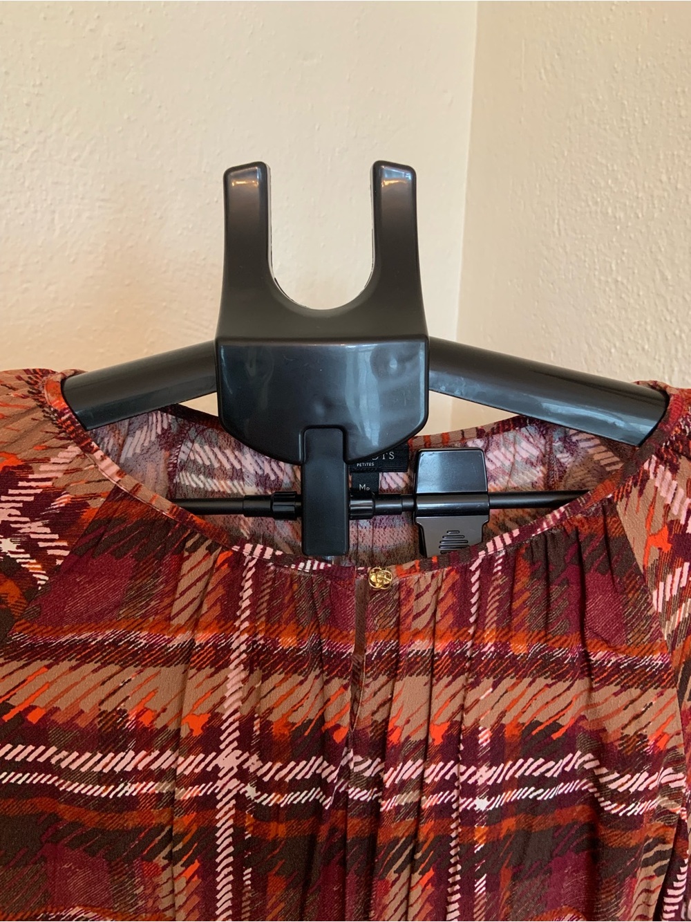 Talbots Plaid Long Sleeve Women's Blouse in Burgundy & Rust with gold buttons - Picture 3 of 9